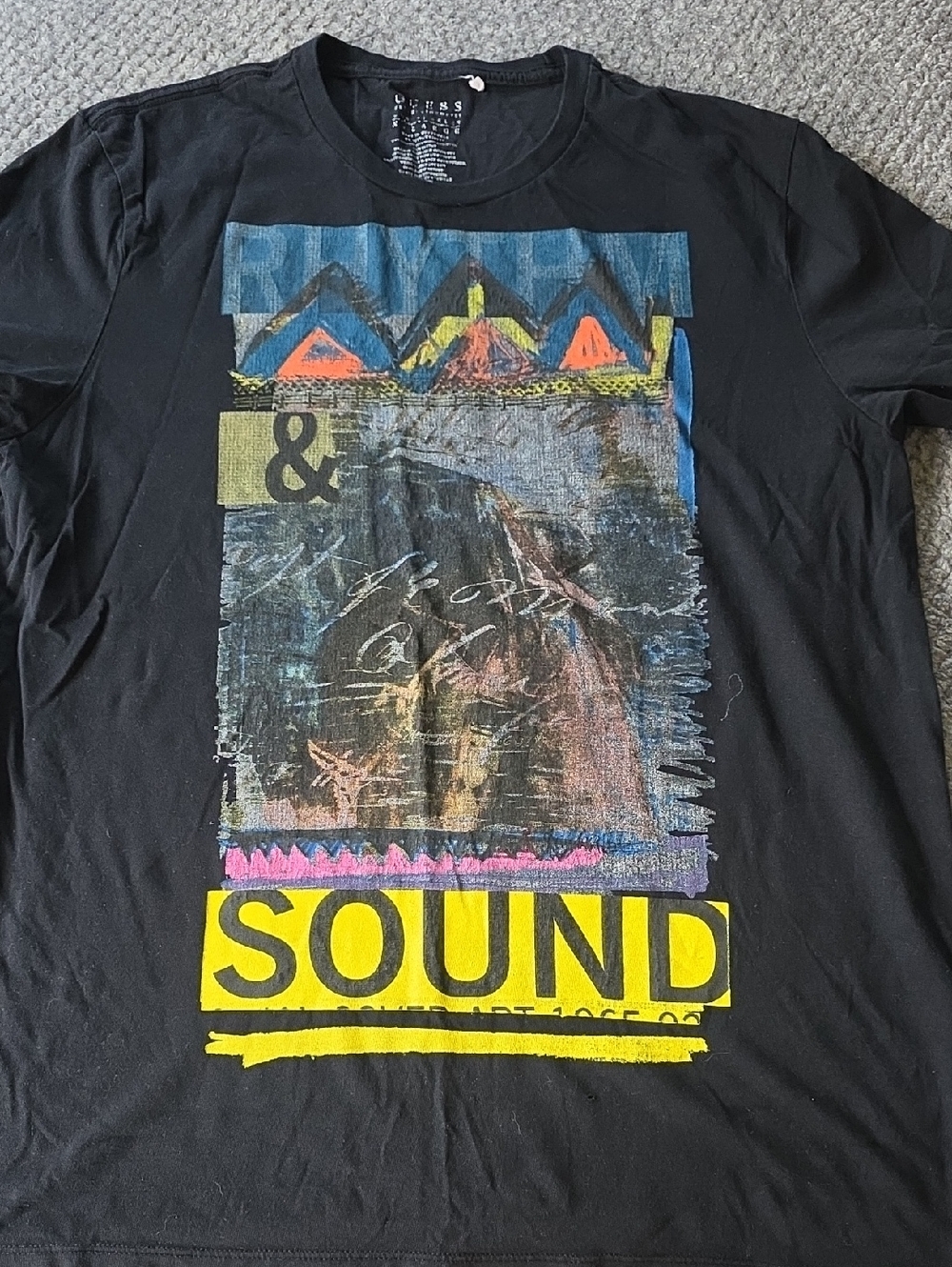 Men's GUESS Black Graphic 'RHYTHM & SOUND' Tee with Colorful Print